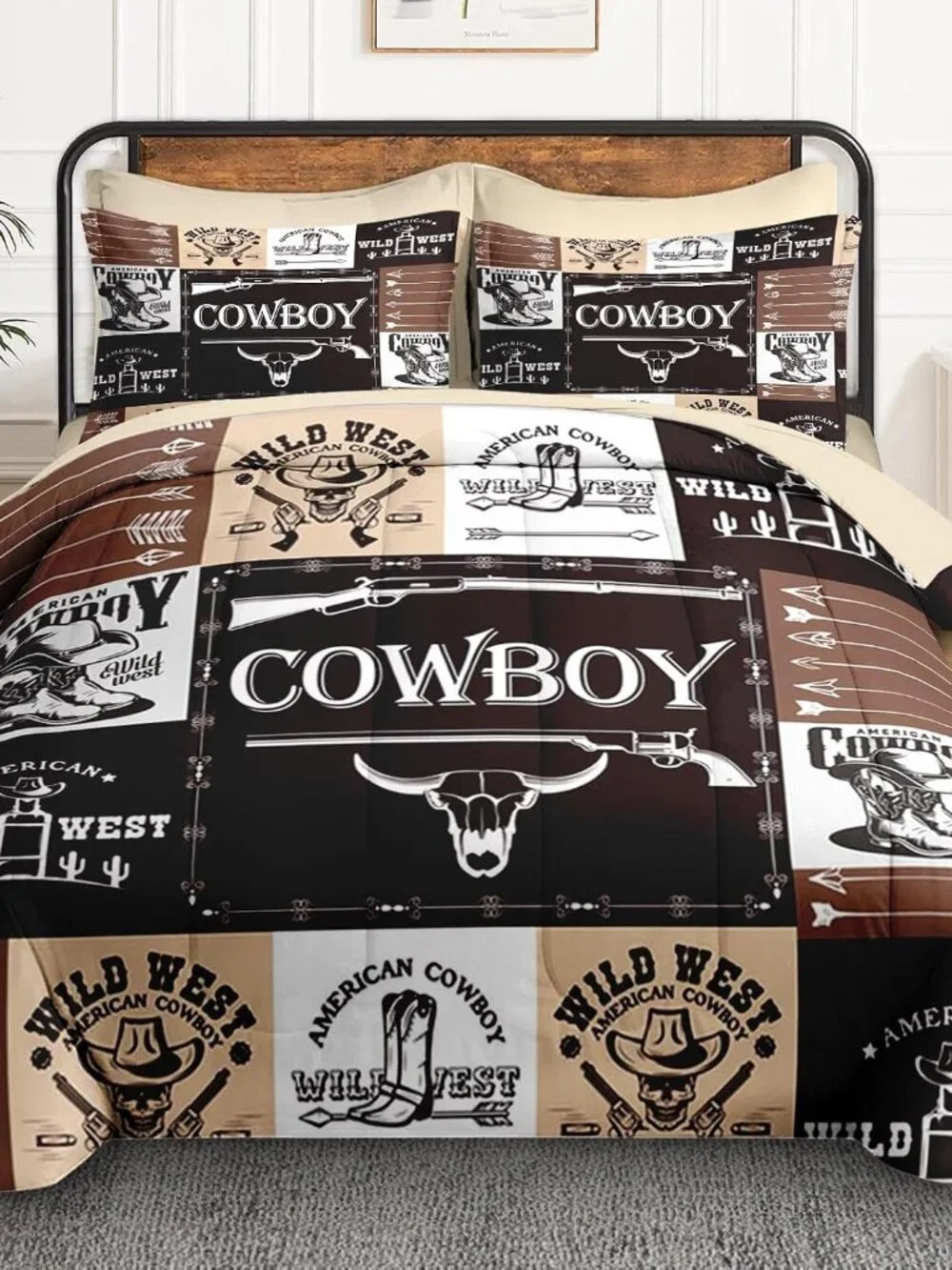7 Pcs Queen Size Comforter Set with 2 Pillowcases & 2 Shams, Vintage Cowboy West